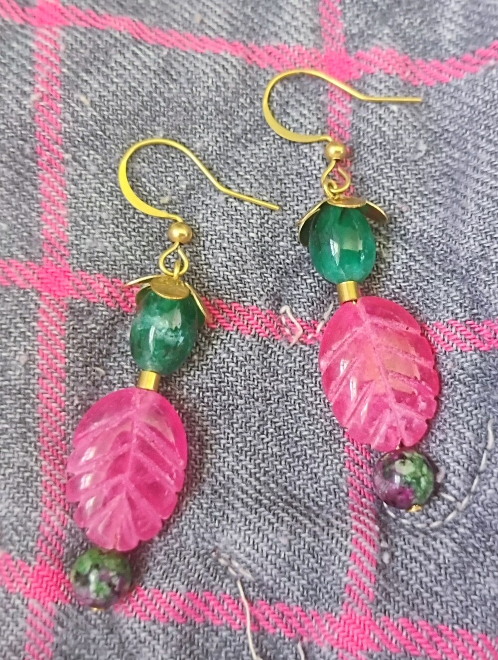 Carved Pink Ruby Leaf and Emerald, Ruby Zoisite Handmade Earrings